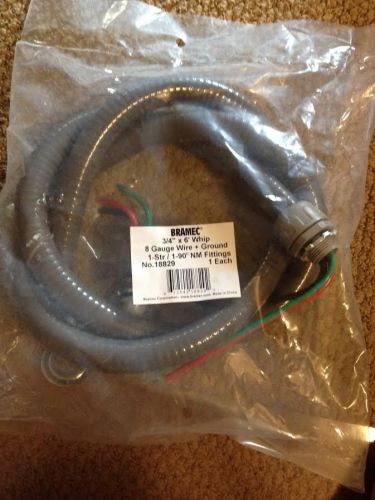 Bramec  3/4&#034;x 6&#039; whip 8 gauge wire +ground 1-str/1-90 deg nm fittings # 18829 for sale