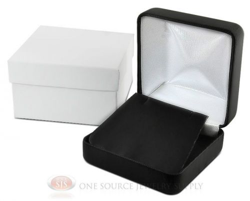 Black leather pendant earring metal jewelry gift box 2 5/8&#034;w x 2 5/8&#034;d x 1 3/8&#034;h for sale