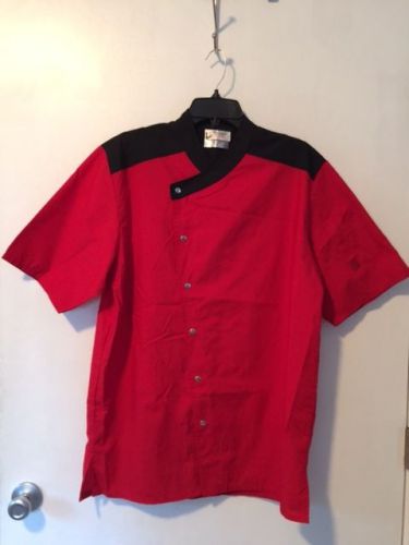 HAPPY CHEF RED &amp; BLACK CROSSOVER SNAP SHORT SLEEVE CHEFS COAT SIZE MEDIUM