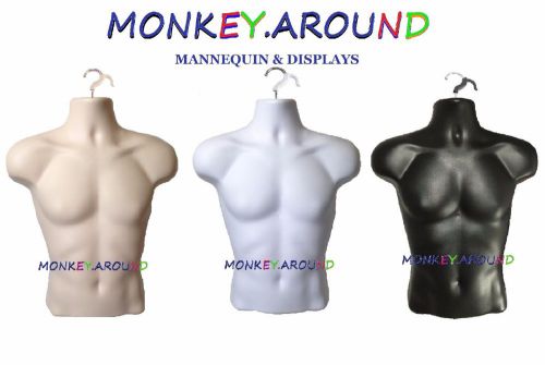 3 male mannequin flesh black white torso form +3 hook - display men shirt pants for sale