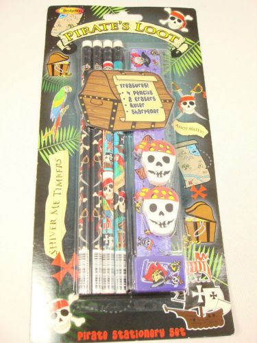 Pirate design Treasures stationary set 4 pencils 2 erasers ruler sharpener New