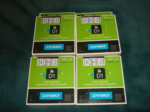 Lot of 4 New Dymo Label Cassette 45010 Black Clear 1/2 IN x 23 FT  12 mm x 7 m