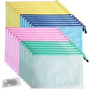 Qualsen 24 pcs Mesh Zipper Pouch Document Bag, Plastic Waterproof File Folder, &amp;