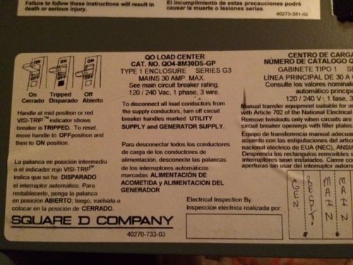 Square D Load Center CAT# QO4M30DSGP 30A 240V 60Hz 1PH 3W QO4 with 2 Breakers!!