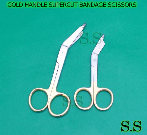 SET OF 2 GOLD HANDLE SUPERCUT BANDAGE SCISSORS 3.5&#034;+5.5&#034; WITH ONE SERRATED BLADE