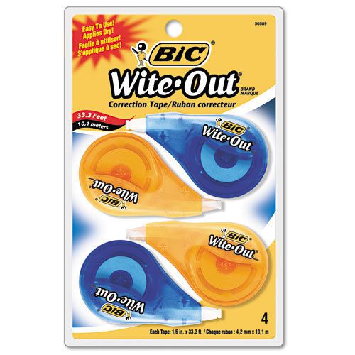 BIC Wite-Out EZ Correct Correction Tape, Non-Refillable, 1/6&#034;&#034; x 400&#034;&#034;, 4/Pk