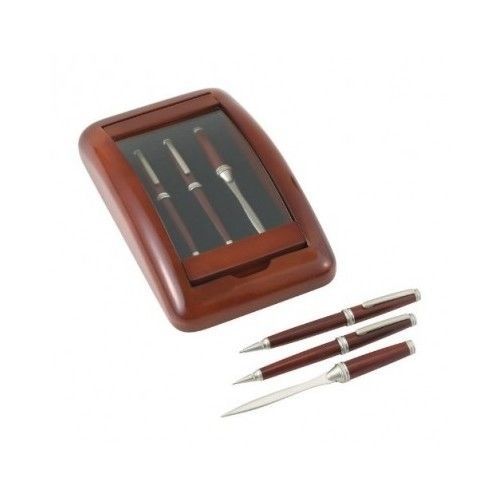 Pen Boxed Gift Set 3 Pc Pencil Letter Opener Wood Glass Case