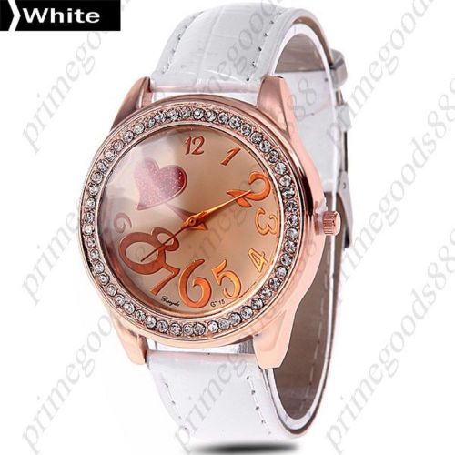 Heart big numbers rhinestones pu leather ladies quartz wristwatch women&#039;s white for sale