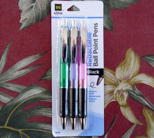 *6 ct Retractable Ball Point Pens, medium point black, fashion colors, DG Office