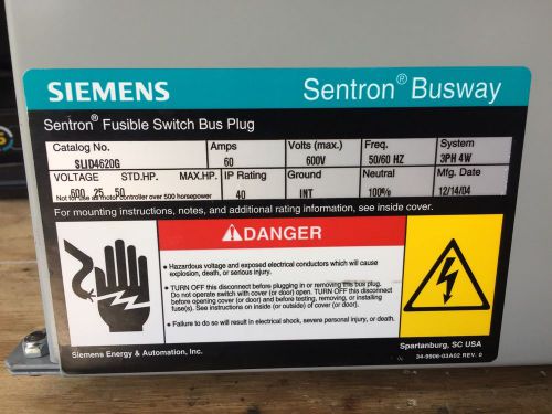 ITE SIEMENS SLID SLID4620G 60 AMP 600V FUSIBLE GROUND BUS PLUG