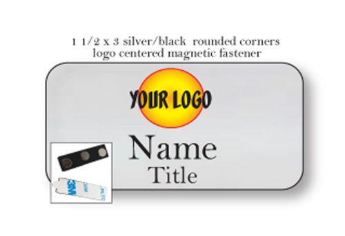 100 SILVER LOGO CENTERED NAME BADGE TAG 2 LINES OF IMPRINT MAGNETIC FASTENER