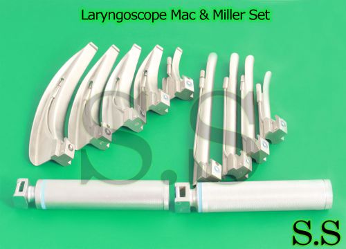 Laryngoscope Mac &amp; Miller Set of 9 BLADES &amp; 2 HANDLES EMT Intubation (no case)