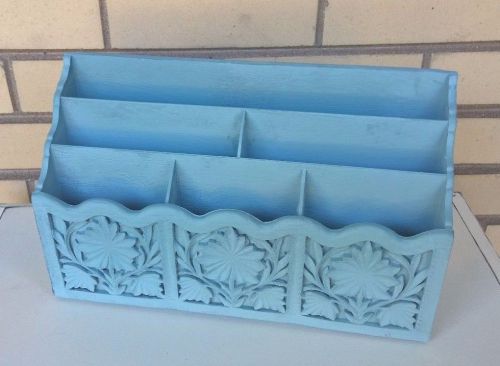 Vintage Lerner Desk Top Organizer Mail Holder Carved Wood-Blue-Annie Sloan