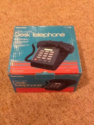 New Vtg Two -Line, Black Plastic Desk Top Phone Corded Push Button, Radio Shack