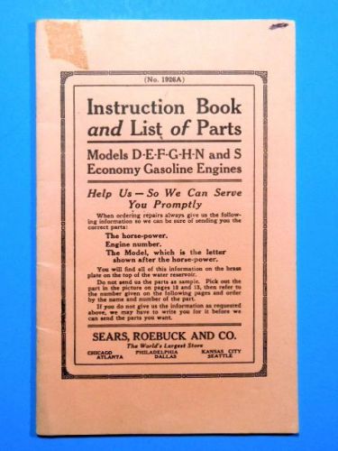 Sears, roebuck and co. instruction book and list of parts  d-e-f-g-h-n and s for sale