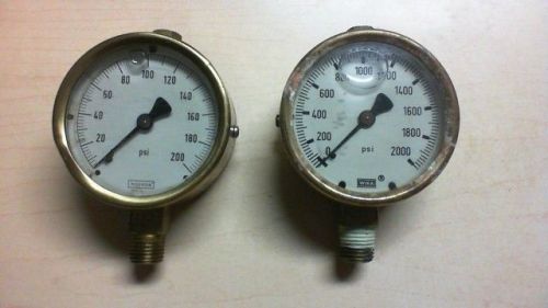 LOT OF 2 BRASS VINTAGE  GAUGES NOSHOK 0-200 PSI, WIKA 2000 PSI SHIPS FREE