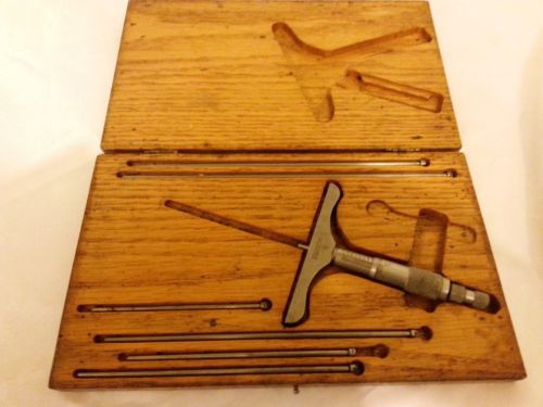 Vintage Starrett No. 440 Depth Gauge 0-9&#034; Micrometer Set, Complete Wood Case