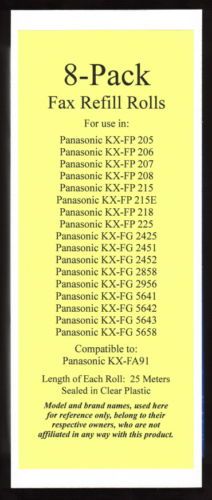 Black 8-pack Thermal Fax Roll Compatible with the Panasonic KX-FA91 KXFA91 FA91