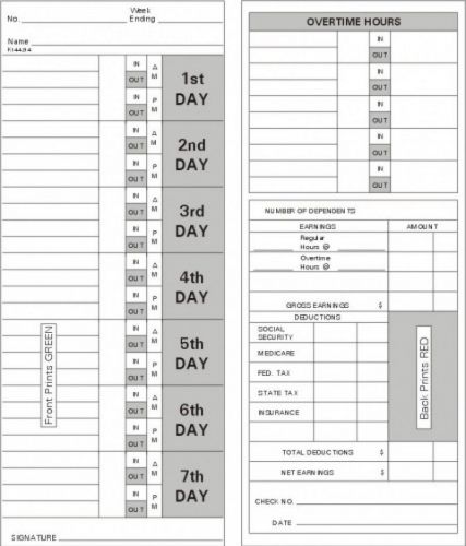 Time card amano pix-200 weekly left side print timecard k144214 box of 1000 for sale