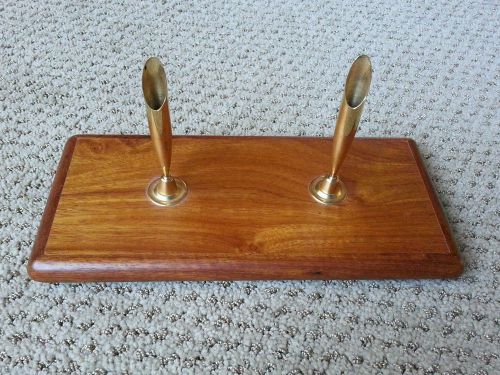 Wood Pen Holder Desk Office Brown Gold Holds Two Pens Organizer Gift Brand New