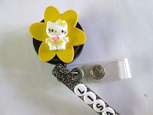 ID BADGE RETRACT REEL YELLOW HELLO KITTY PERSONALIZED,MEDICAL,NURSE,OFFICE,ER