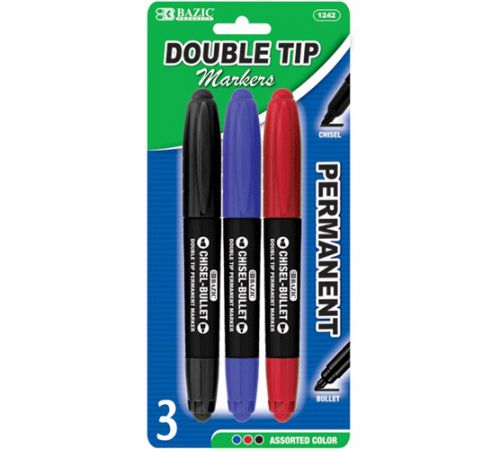 BAZIC Asst. Color Double-Tip Permanent Marker (3/Pack), Case of 24