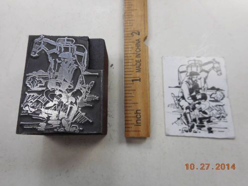 Letterpress Printing Printers Block, Gold Rush, Prospector panning in Stream