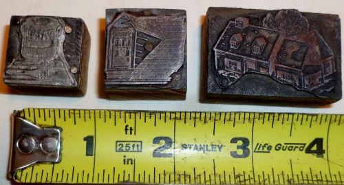 LOT OF 3 VTG PRINTER LETTER PRESS ART CUT BLOCKS HOUSE DORMER PAINT BUCKET