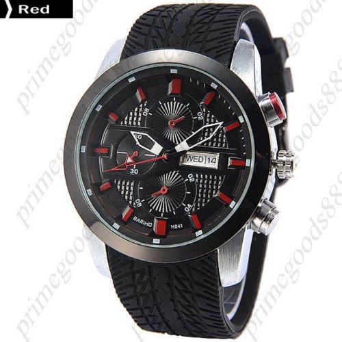 Rubber False Sub Dials Date Analog Japan Quartz Men&#039;s Wrist Wristwatch Red