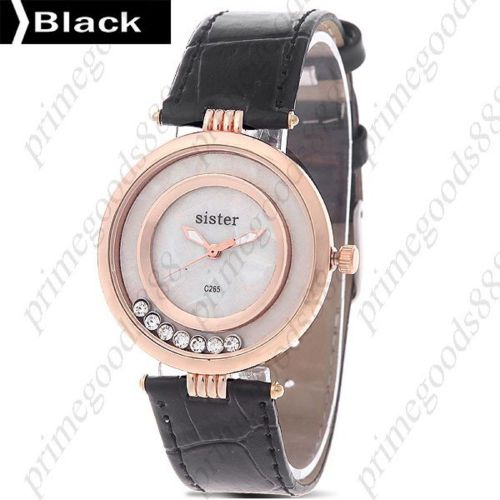 Round loose rhinestones pu leather lady ladies quartz wristwatch women&#039;s black for sale