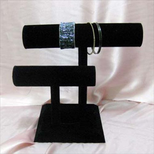 Black Velvet Wood Double T-Bar Bracelet Jewelry Display Stand 2 Tier Showcase