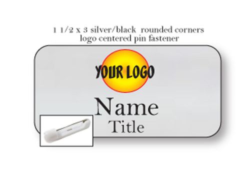 100 silver logo centered name badge tag 2 lines of imprint pin fastener for sale