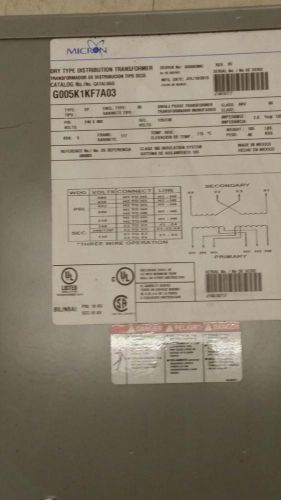 NEW MICRON CAT G005K1K7A03 DRY TYPE DISTRIBUTION TRANSFORMER 3R ENCLOSURE 5KVA