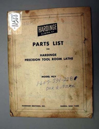 Hardinge parts list model hlv precision tool room lathe (inv.18058) copy for sale