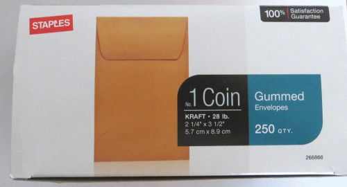 NIB STAPLES #1 2 1/4X3 1/2 KRAFT 28 LB COIN ENVELOPES w/GUMMED CLOSURE 250 QTY