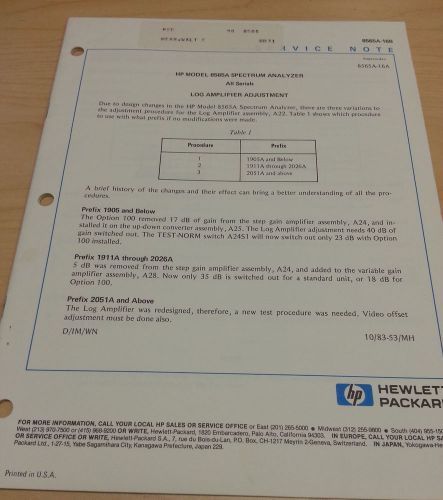 Log amplifier adjustment manual HP Model 8565A spectrum adjustment service note