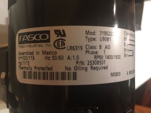 FASCO IND. 1/15 HP MOTOR, SINGLE PH., TYPE U90B1, 250VAC, 120/115V, LR6319 *NEW*