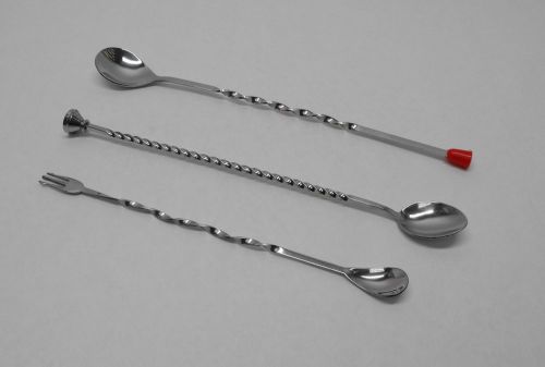 3 pc. BAR SPOON TRIO  11&#034; Red Ball Stirrer, 11.5&#034; w/Muddling Knob &amp; Trident