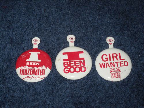 THREE VINTAGE ICEE SLUSHI FROZENATED METAL BUTTONS