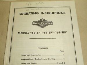 1950s BRIGGS &amp; STRATTON Engine MODEL 6B-S, 6B-SF, 6B-SFB Operating Instructions