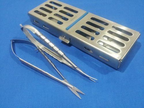 2 castroviejo micro scissors 6&#034; straight+curved with sterilization cassette box for sale