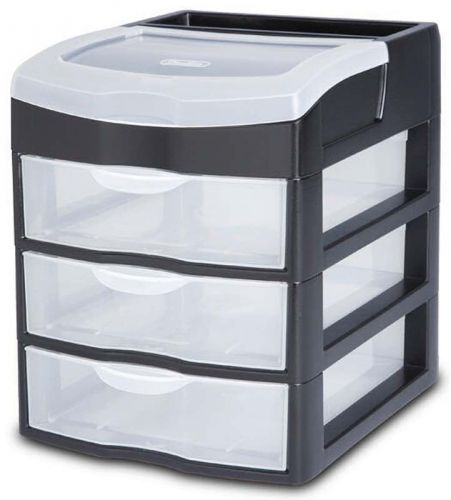 1) Sterilite 20639004 3 Slide Out Drawer Table Desktop Storage Unit Clear Black