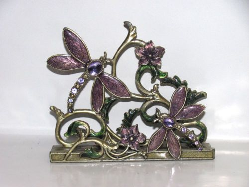 Decorative Dragonfly &amp; Flowers Metal &amp; Enamel Business Card Desk Holder Display