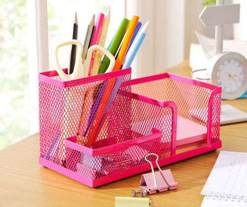 Rose red metal mesh desk organizer desktop pen pencil holder for home office for sale
