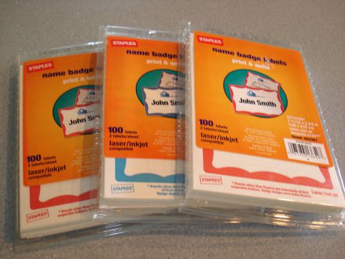 LOT OF 3 NAME BADGE LABELS 100/PK 2-11/32&#034; X 3-3/8&#034; RED/BLUE BORDER LASER/INKJET