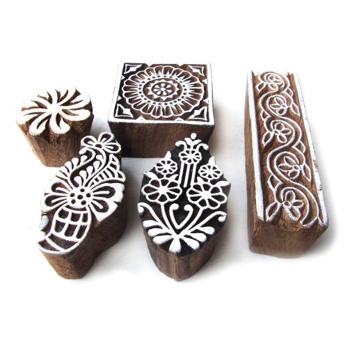 Floral motifs hand carved wooden block printing tags from india (set of 5) for sale