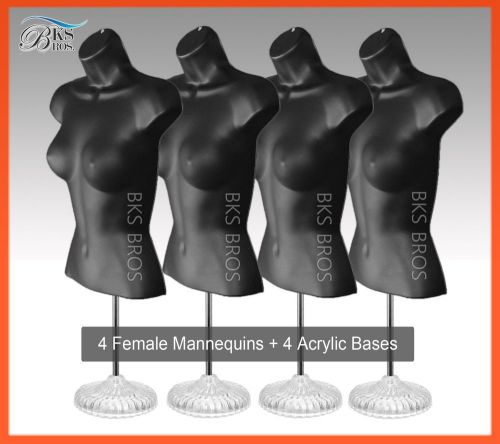 4 BLACK Female Mannequin Torso w / ACRYLIC Stand + Hanging Hook Dress Form Women