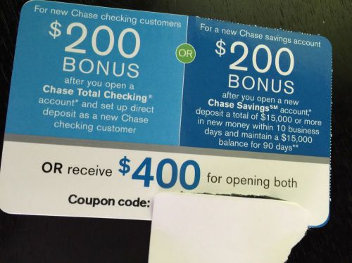 Chase bonus $200 checking + $200 savings!!!!! christmas bonus cash!! for sale