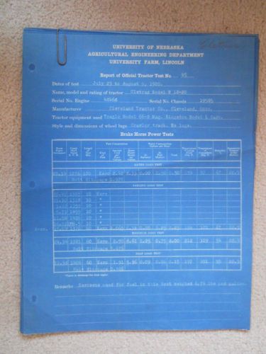 Cletrac Model 12-20 university of nebraska agriculture engineering dept tests