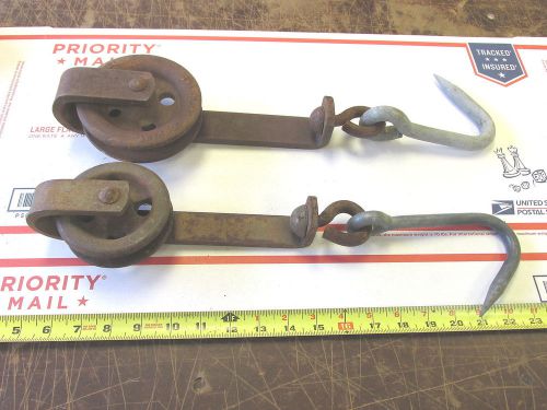 2 OLDER STEEL BUTCHER MEAT HOOKS HANGER TROLLEY PULLEY ROLLERS